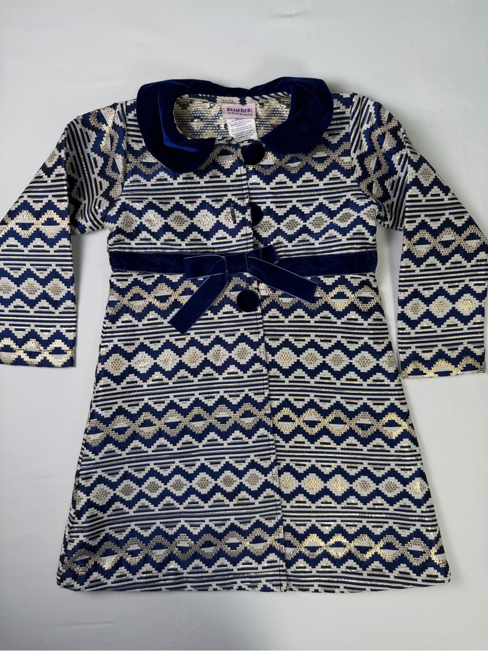 Blueberi Boulevard Navy & Gold Brocade Velvet-Trim Girls Special Occasion size 5